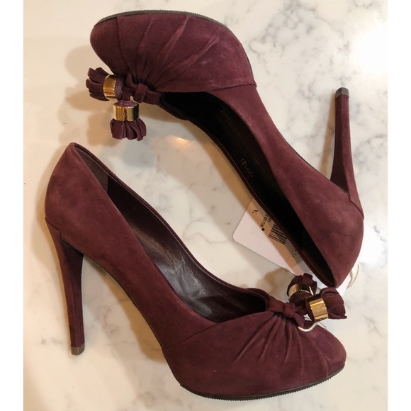 Louis Vuitton Burgundy Suede Leather Knot Confident Tassel Platform Pumps 37.5 - Picture 8 of 17